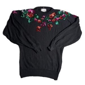 Black sequin sweater with floral sequin detail